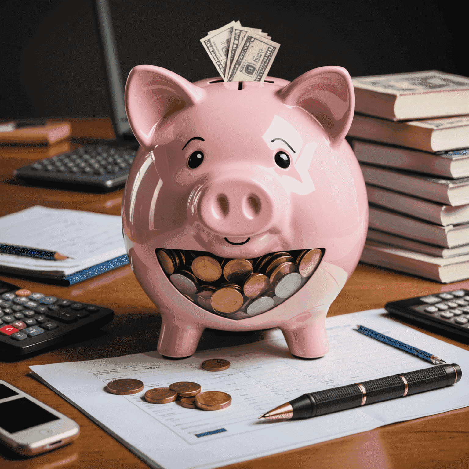 A piggy bank with a shield, symbolizing protection and financial security. The piggy bank is filled with coins and surrounded by various financial documents and a calculator.