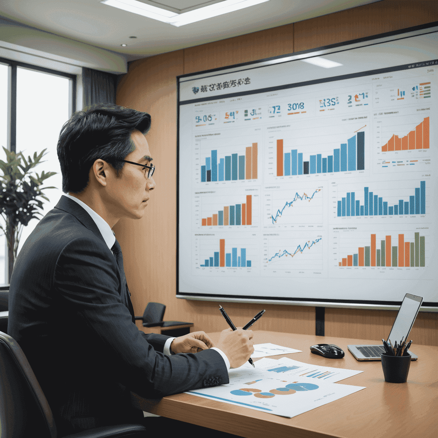 Yuki Sato, Chief Financial Strategist, analyzing financial charts in a meeting room