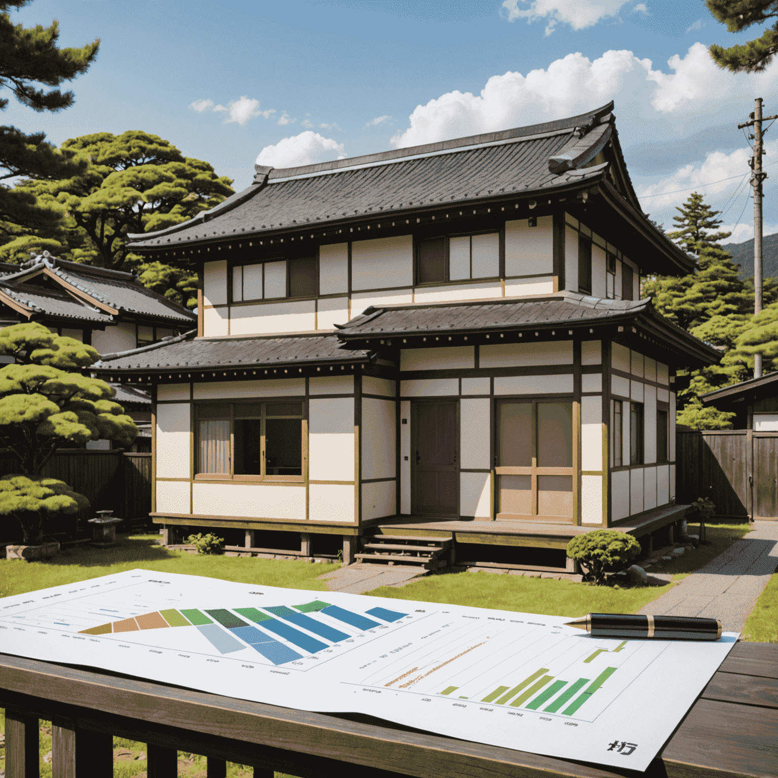 A Japanese-style house with a chart overlay, representing budgeting strategies in Japan