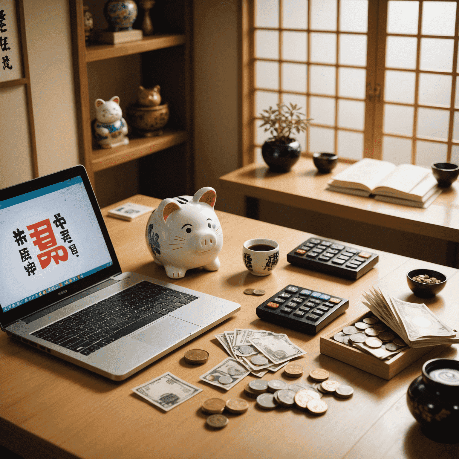 A Japanese-style room with a low table, where a person is using a laptop and calculator. Yen notes and coins are visible, along with a traditional Japanese piggy bank (Maneki-neko).