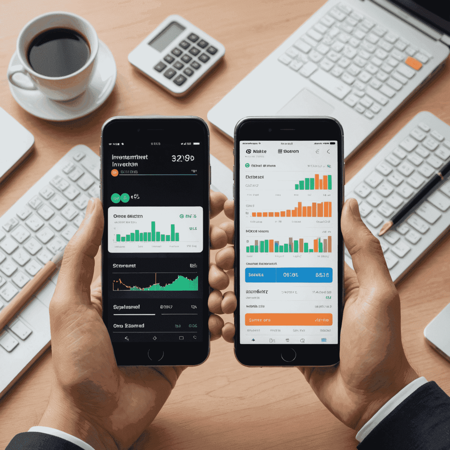 A split screen showing various investment options: one half displays traditional Japanese investments like government bonds, while the other half shows modern investment apps on a smartphone.