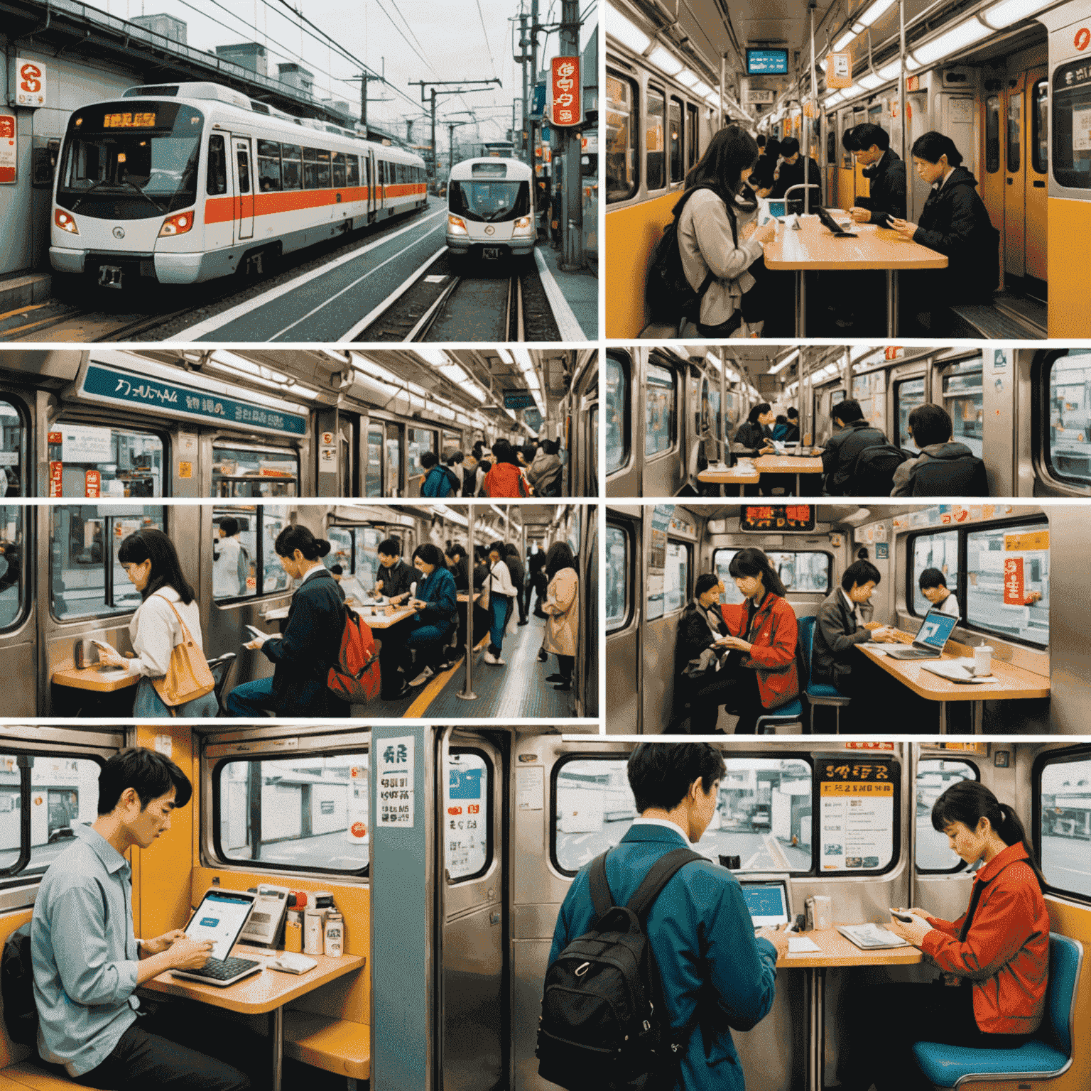 A collage showing various aspects of life in Japan: public transportation, a modern apartment, traditional food, and a person checking their finances on a smartphone with Japanese text.