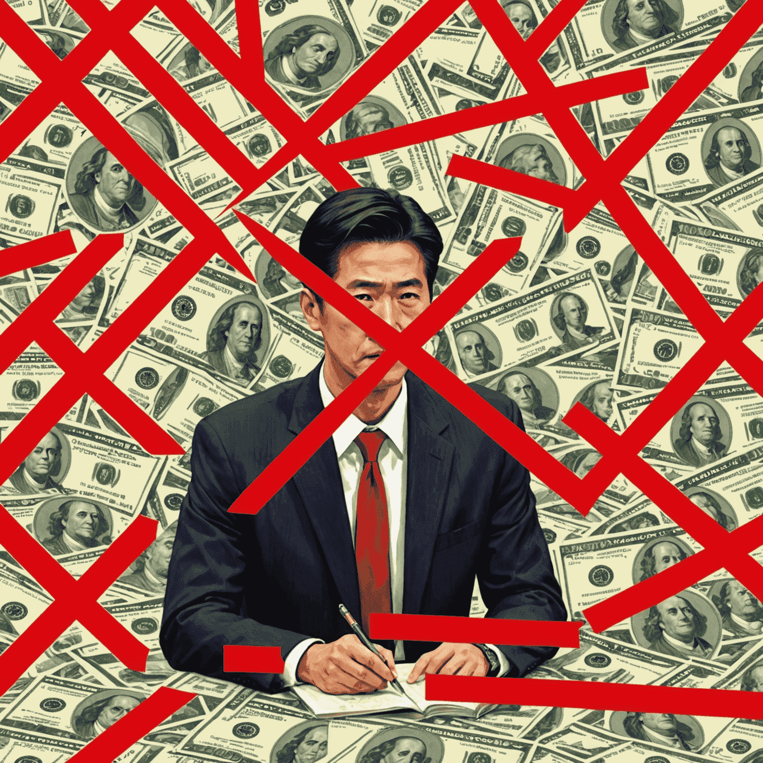 An illustration showing common financial mistakes: overspending, ignoring budgets, and neglecting savings. The image uses red X marks to highlight these errors against a backdrop of Japanese currency and financial documents.